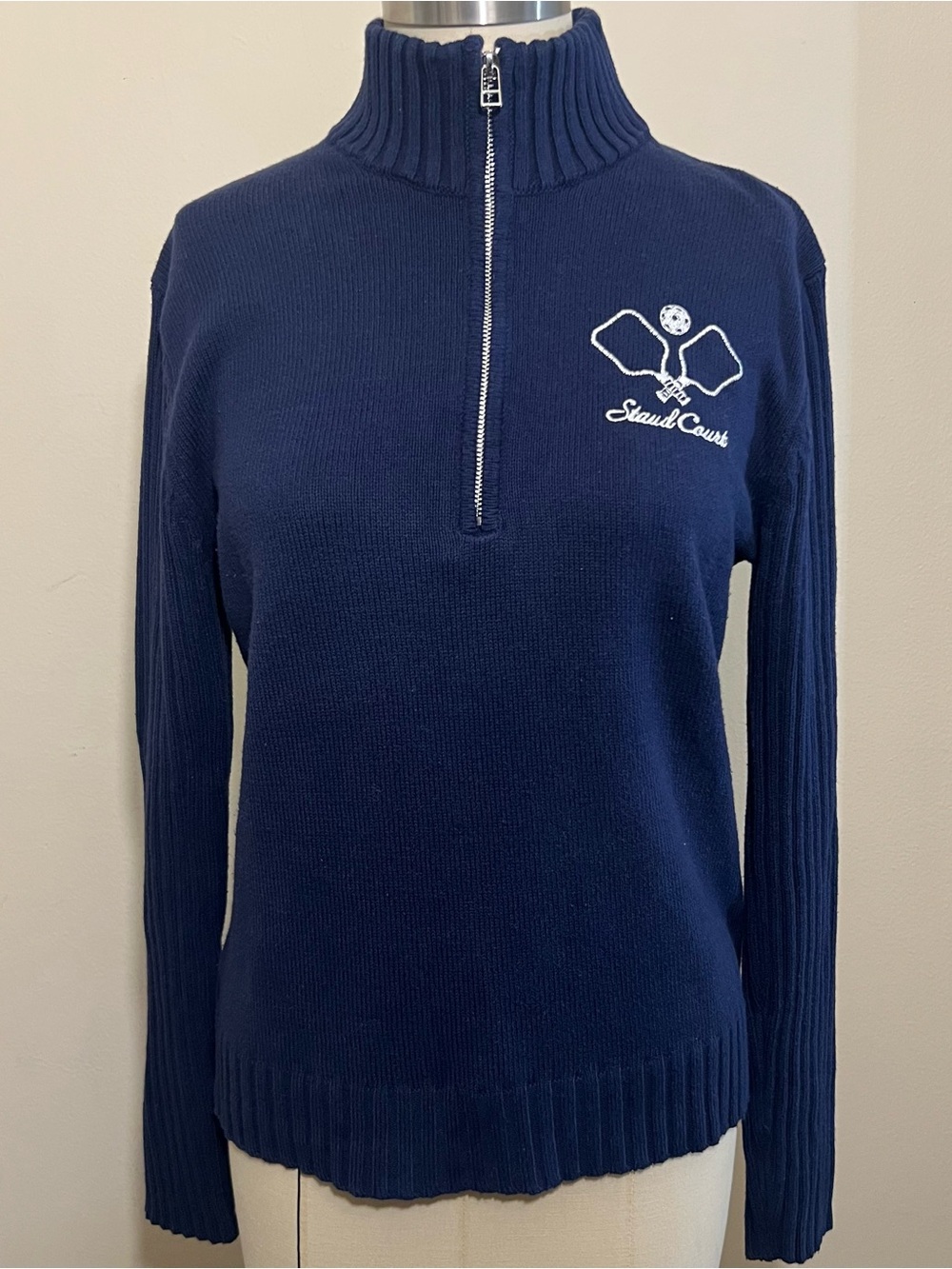 STAUD Pickleball Navy Half-Zip Ribbed Mock Neck Women's Sweater